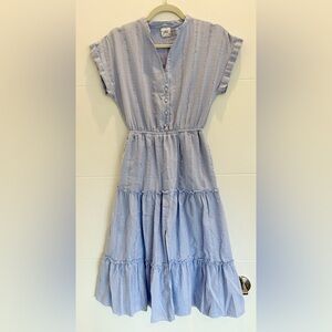 Y&I Blue V-Neck Short Sleeve Midi Ruffle Dress Size Small